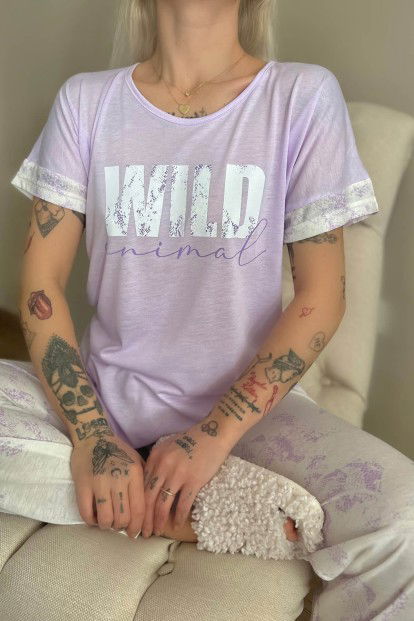 Lila Wild Baskılı Örme Kısa Kollu Kadın Pijama Takımı - 5