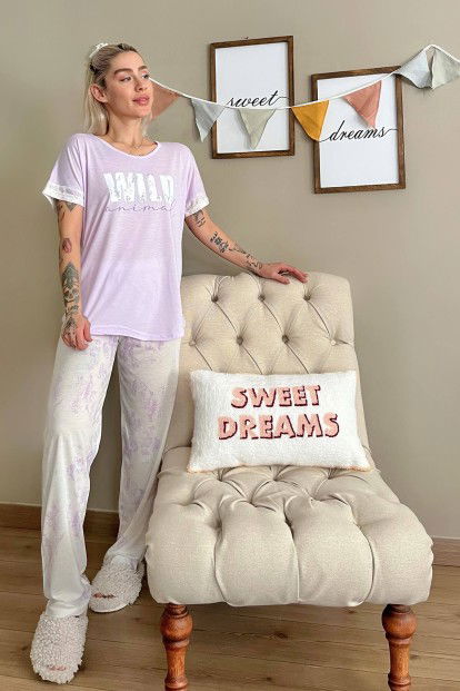 Lila Wild Baskılı Örme Kısa Kollu Kadın Pijama Takımı - 6