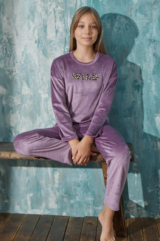 Lila Wild Desenli Exclusive Kadife Kız Çocuk Pijama Takımı  - Pijamaevi