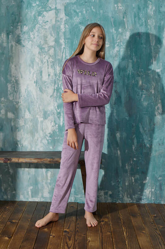 Lila Wild Desenli Exclusive Kadife Kız Çocuk Pijama Takımı  - Pijamaevi (1)