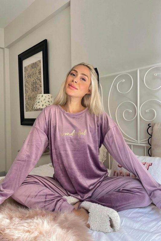Lila Wonderful Desenli Exclusive Kadife Kadın Pijama Takımı  - Pijamaevi (2)
