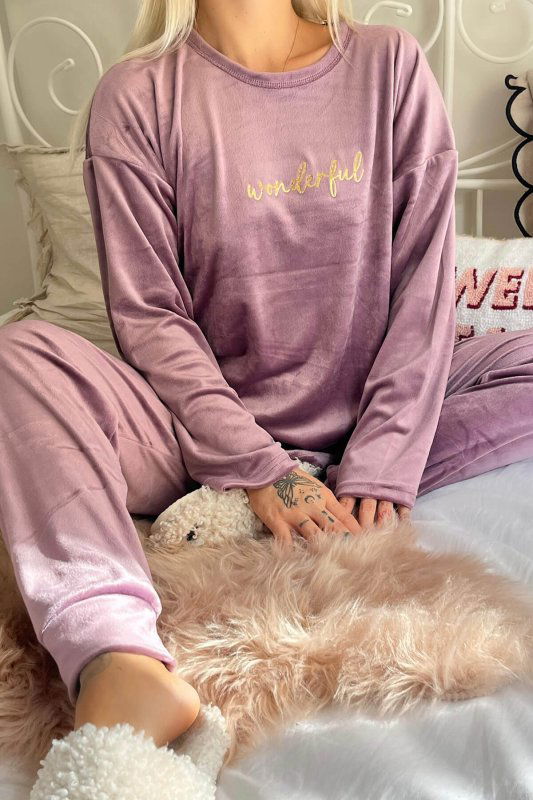 Lila Wonderful Desenli Exclusive Kadife Kadın Pijama Takımı  - Pijamaevi (3)