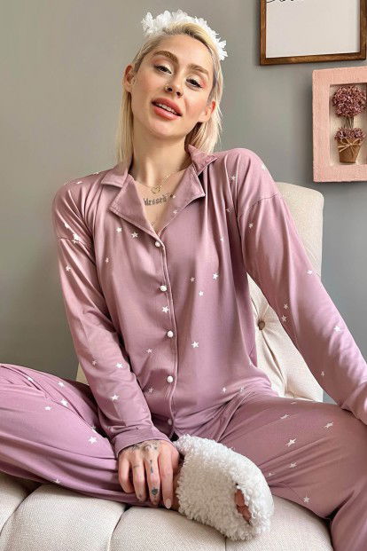 Lila Yıldız Desenli Bambu Önden Düğmeli Kadın Pijama Takımı - 1