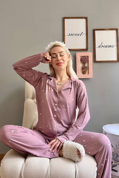Lila Yıldız Desenli Bambu Önden Düğmeli Kadın Pijama Takımı - 2