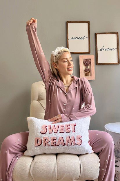 Lila Yıldız Desenli Bambu Önden Düğmeli Kadın Pijama Takımı - 3