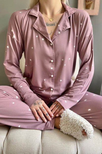 Lila Yıldız Desenli Bambu Önden Düğmeli Kadın Pijama Takımı - 4