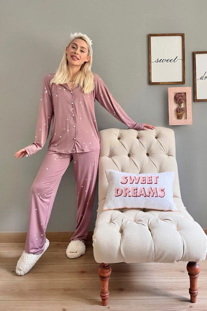 Lila Yıldız Desenli Bambu Önden Düğmeli Kadın Pijama Takımı - 5