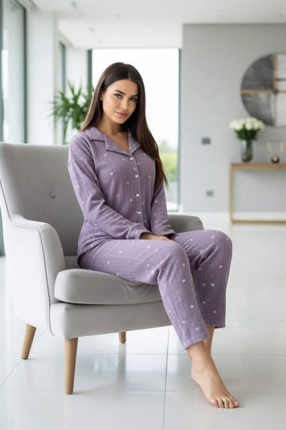 Lila Yıldız Desenli Önden Düğmeli Peluş Polar Pijama Takımı - 5