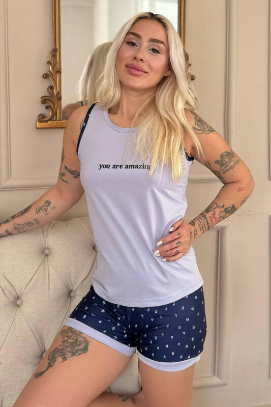 Lila You Are Desenli Sıfır Kol Şortlu Örme Kadın Pijama Takımı - Pijamaevi
