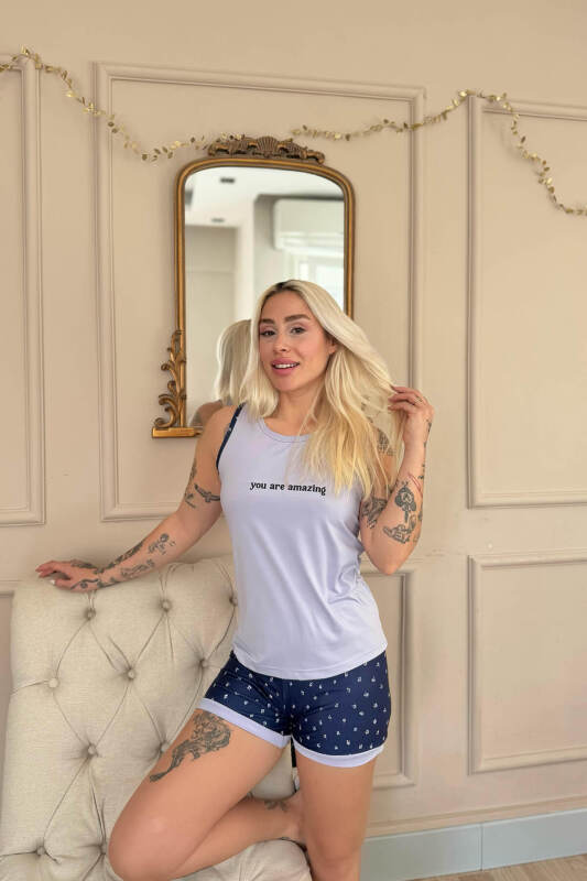 Lila You Are Desenli Sıfır Kol Şortlu Örme Kadın Pijama Takımı - Pijamaevi (2)