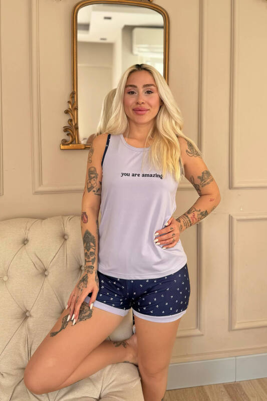 Lila You Are Desenli Sıfır Kol Şortlu Örme Kadın Pijama Takımı - Pijamaevi (3)