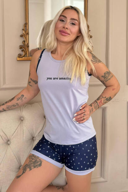 Lila You Are Desenli Sıfır Kol Şortlu Örme Kadın Pijama Takımı - 6