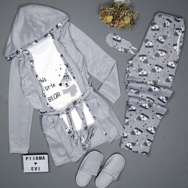 Little Bear Desenli Sabahlıklı Peluş Pijama Takımı - 3
