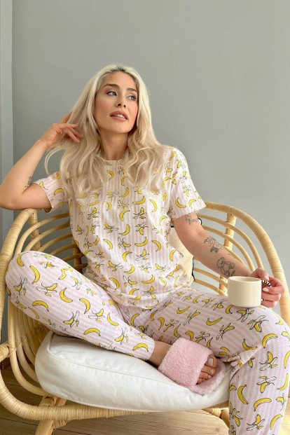 Lokale Banane Baskılı Kısa Kollu Kadın Pijama Takımı - 3