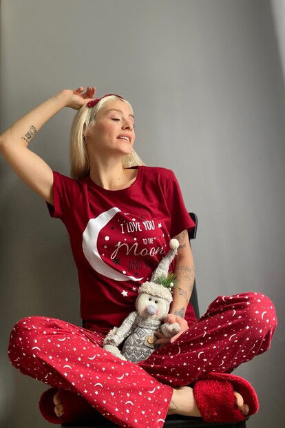 Love Moon Baskılı Kısa Kol Kadın Pijama Takımı - 1
