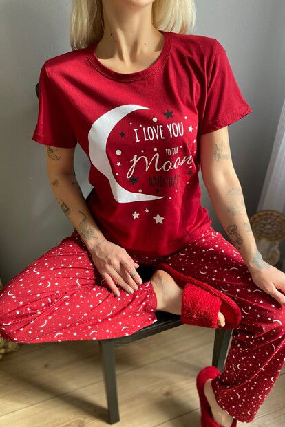 Love Moon Baskılı Kısa Kol Kadın Pijama Takımı - 3