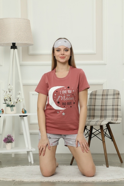 Love Moon Desenli Kadın Şortlu Pijama Takımı - 1