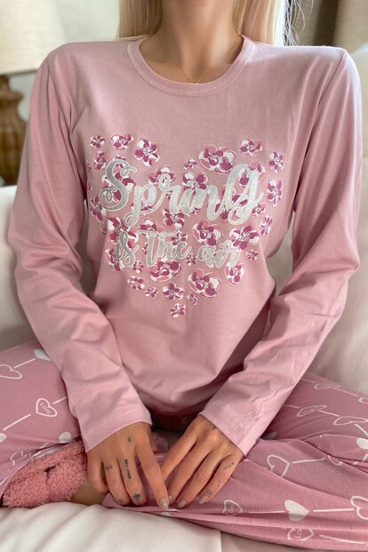 Love Spring Baskılı Uzun Kol Kadın Pijama Takımı - 3
