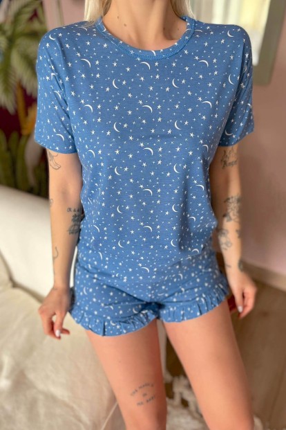 Many Stars Baskılı Şortlu Kadın Pijama Takımı - 4