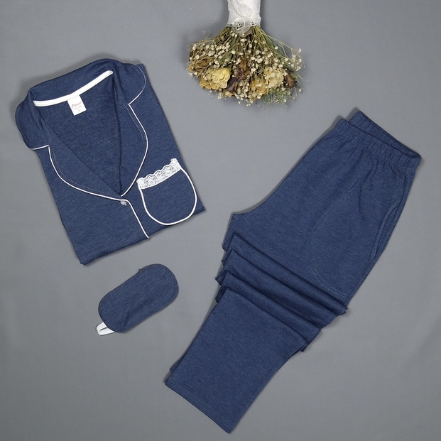 Marineblau Exclusive Önden Düğmeli Pijama Takımı - 2