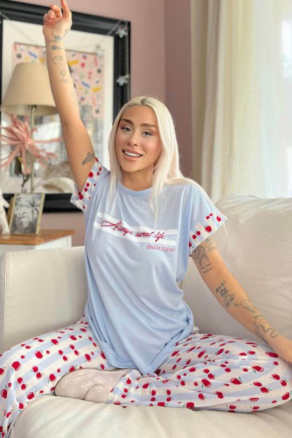 Mavi Always Sweet Baskılı Örme Kısa Kol Kadın Pijama Takımı - 1