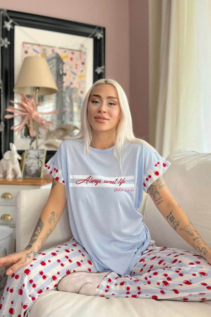 Mavi Always Sweet Baskılı Örme Kısa Kol Kadın Pijama Takımı - 2