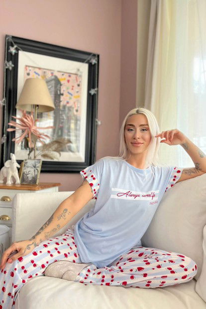 Mavi Always Sweet Baskılı Örme Kısa Kol Kadın Pijama Takımı - 3
