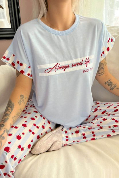 Mavi Always Sweet Baskılı Örme Kısa Kol Kadın Pijama Takımı - 4