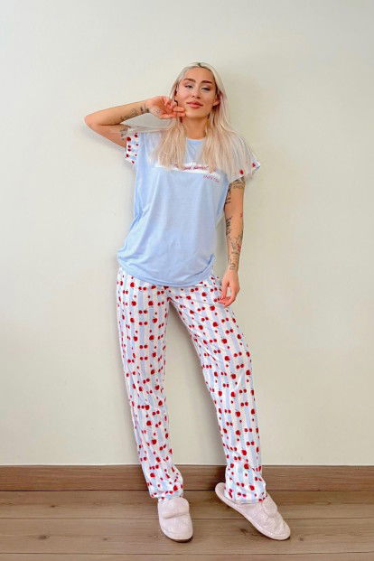Mavi Always Sweet Baskılı Örme Kısa Kol Kadın Pijama Takımı - 5