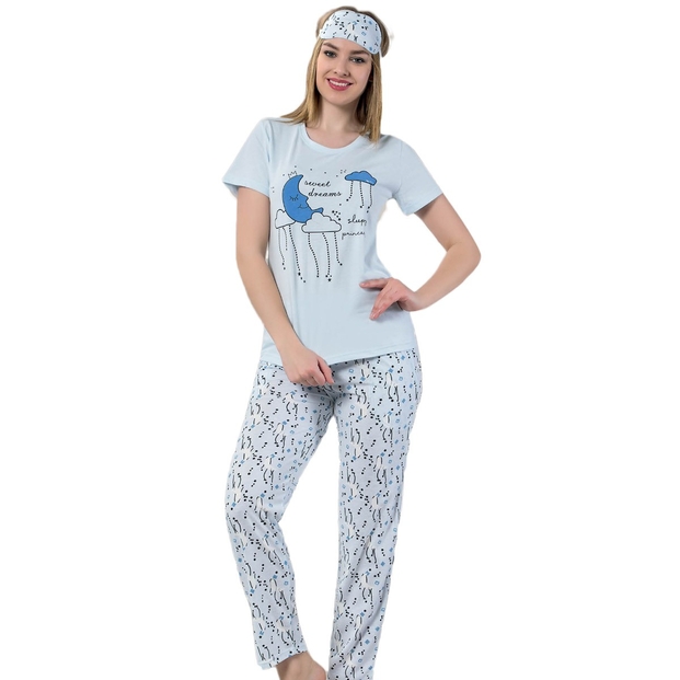 Mavi Ay Bulut Desenli Kısa Kollu Pijama Takımı - 1