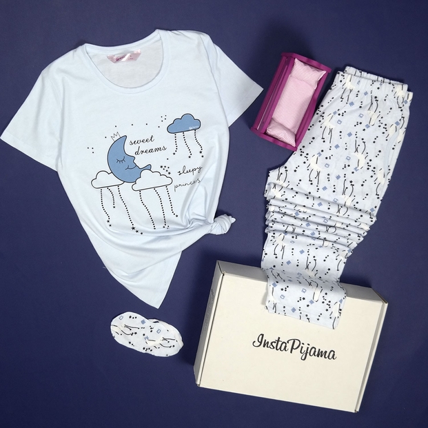 Mavi Ay Bulut Desenli Kısa Kollu Pijama Takımı - 2