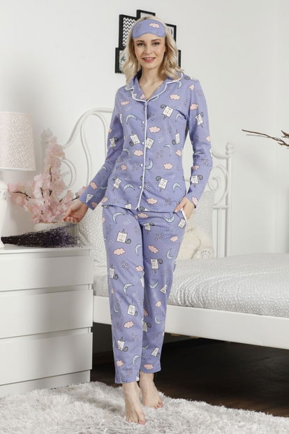 Mavi Ay Desenli Önden Düğmeli Uzun Kollu Pijama Takımı - 2