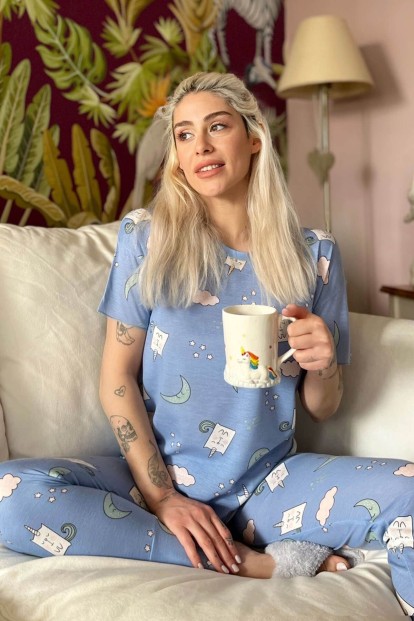 Mavi Aydede Baskılı Kısa Kollu Kadın Pijama Takımı - 1