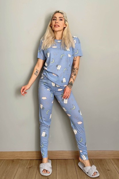 Mavi Aydede Baskılı Kısa Kollu Kadın Pijama Takımı - 4