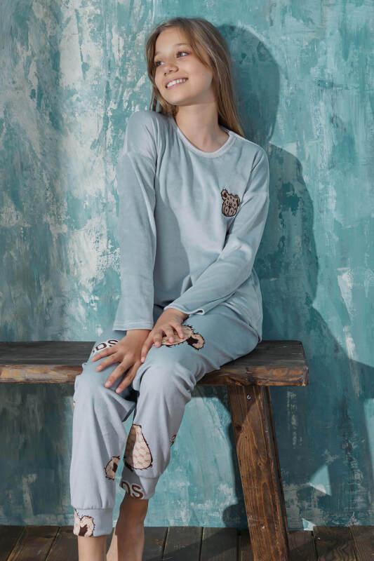 Mavi Bear Head Desenli Exclusive Kadife Kız Çocuk Pijama Takımı  - Pijamaevi