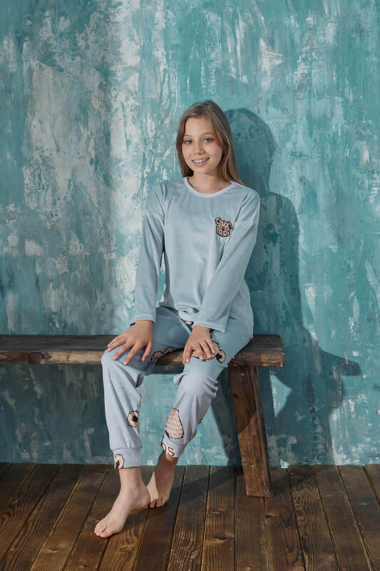 Mavi Bear Head Desenli Exclusive Kadife Kız Çocuk Pijama Takımı  - Pijamaevi (1)