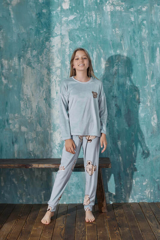 Mavi Bear Head Desenli Exclusive Kadife Kız Çocuk Pijama Takımı  - Pijamaevi (2)