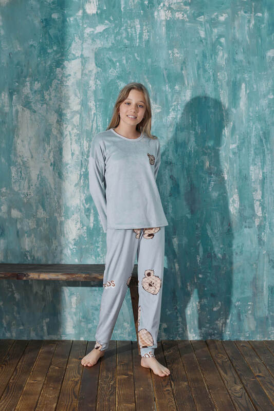 Mavi Bear Head Desenli Exclusive Kadife Kız Çocuk Pijama Takımı  - Pijamaevi (3)
