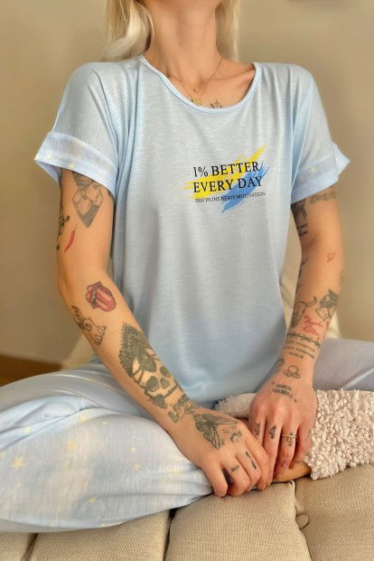 Mavi Better Baskılı Örme Kısa Kollu Kadın Pijama Takımı - 4