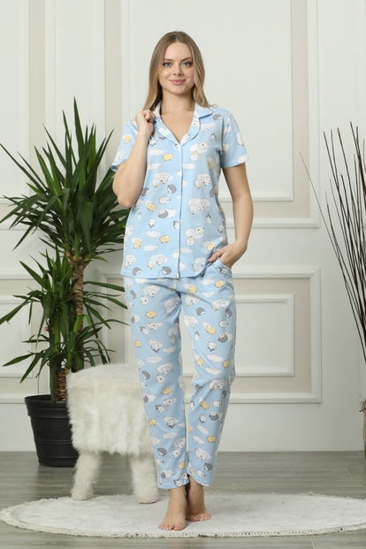 Mavi Bird Desenli Önden Düğmeli Kısa Kollu Pijama Takımı - 2