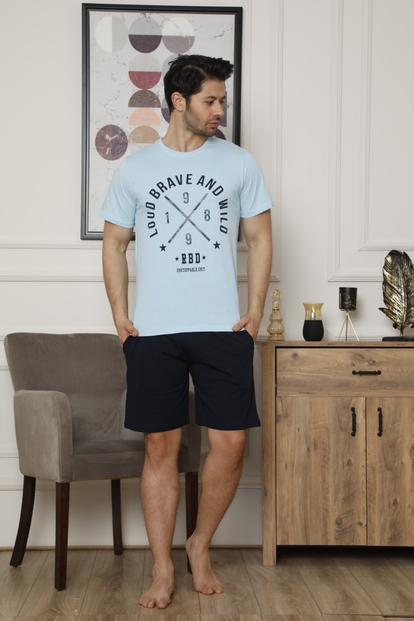 Mavi Brave Baskılı Şortlu Kısa Kollu Erkek Pijama Takımı - 1
