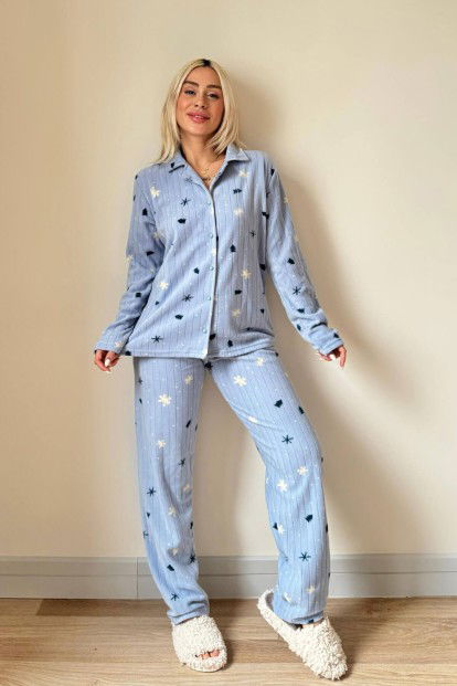 Mavi Çam Desenli Önden Düğmeli Peluş Polar Pijama Takımı - 6