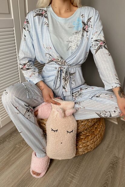 Mavi Çiçek Baskılı Sabahlıklı Pijama Takımı - 2
