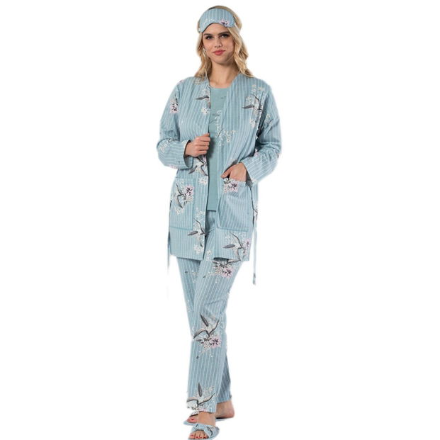 Mavi Çiçek Desenli Sabahlıklı Pijama Takımı - 1