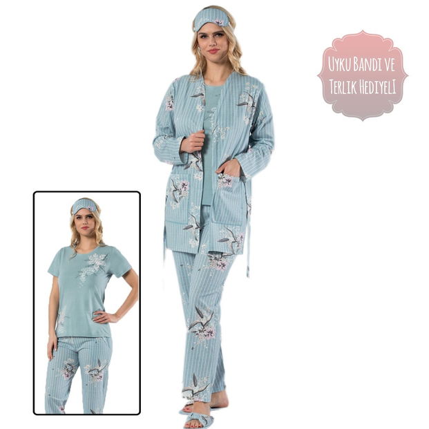 Mavi Çiçek Desenli Sabahlıklı Pijama Takımı - 2