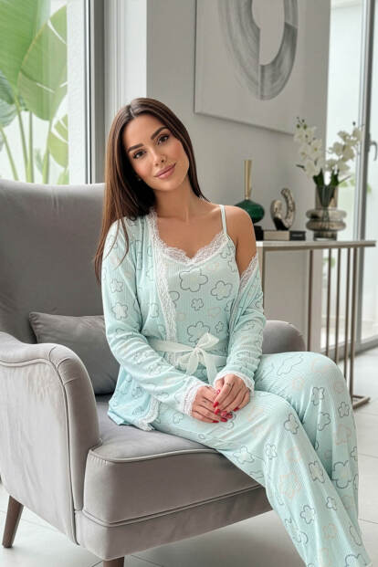 Mavi Çizgi Çiçek Desenli Sabahlıklı Pegasus Pijama Takımı - 2
