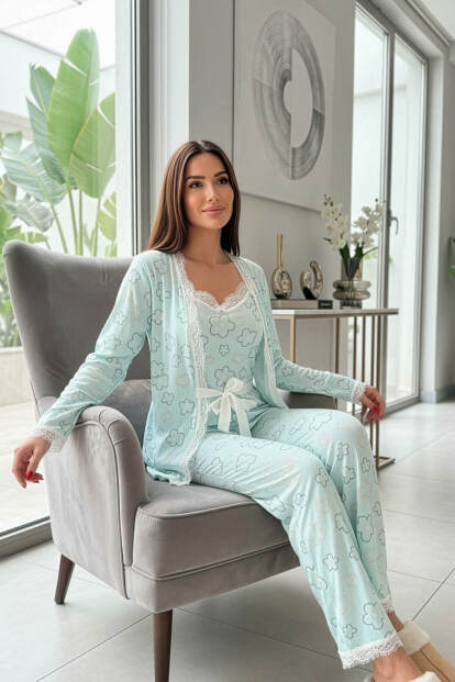 Mavi Çizgi Çiçek Desenli Sabahlıklı Pegasus Pijama Takımı - 4