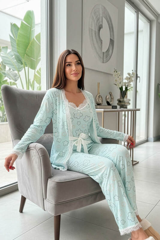 Mavi Çizgi Çiçek Desenli Sabahlıklı Pegasus Pijama Takımı - Pijamaevi (3)