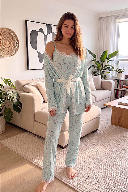 Mavi Çizgi Çiçek Desenli Sabahlıklı Pegasus Pijama Takımı - 7