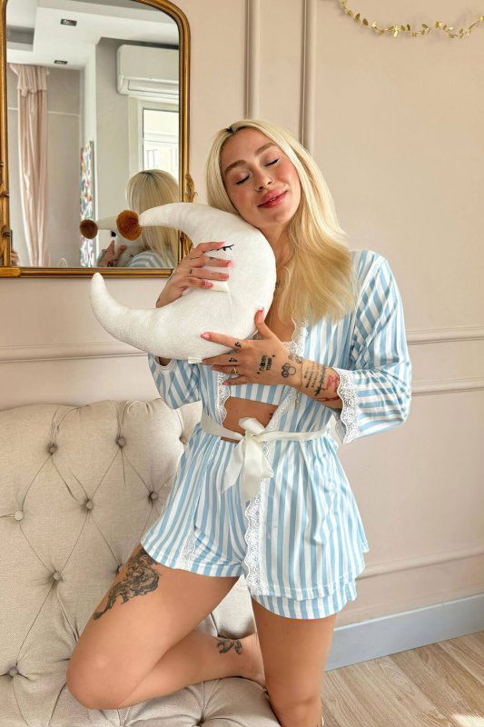 Mavi Çizgi Desenli Bambu Crop Sabahlıklı Şortlu Kadın Pijama Takımı - Pijamaevi (2)